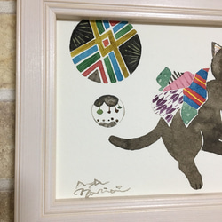 手毬ねこ(額付、原画) 3枚目の画像