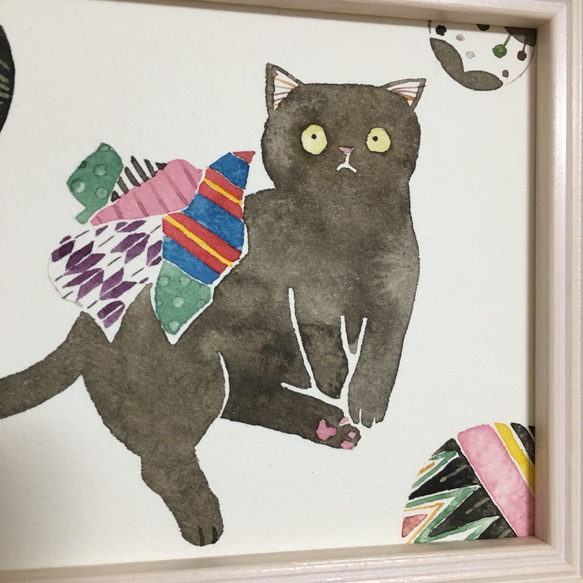 手毬ねこ(額付、原画) 4枚目の画像