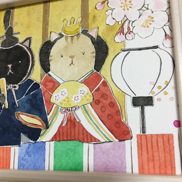 猫の雛人形(額付、原画) 5枚目の画像