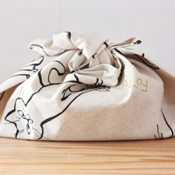 あずま袋お弁当袋(綿麻生成り猫) 5枚目の画像