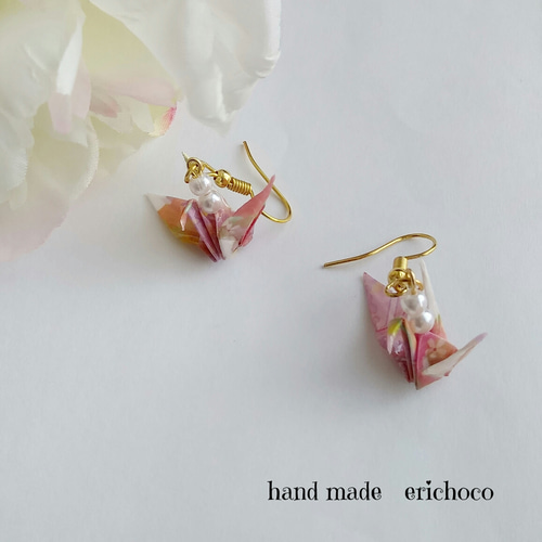 ギフトにも♡和☆鶴の折り紙ピアス(イヤリング)☆pink和柄