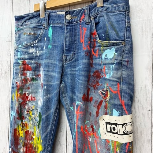 デニムリメイク☆手染め布✨️パープル✕ベージュ デニムリメイク☆手染め布✨️パープル✕ベージュ