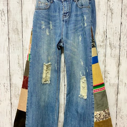 リメイクデニム&リメイクトレンチ パッチワーク ペンキ飛ばし 個性的 リメイクヒッピーデニム ペイント パッチワーク : 旅空 tabisora