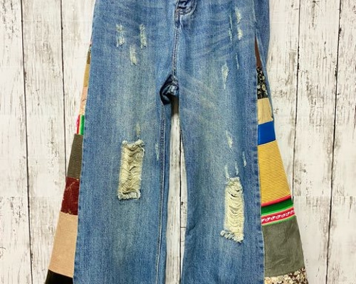 リメイク デニム 手縫い パッチワーク ペイント ロングパンツ