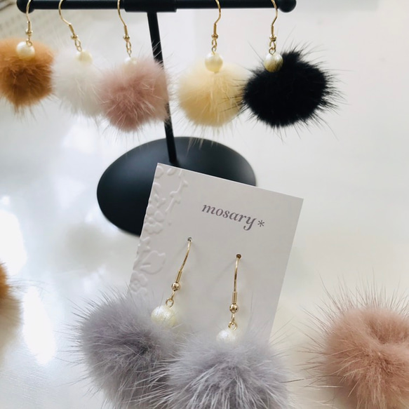 揺れて人気❁⃘*.ﾟミンクファー×コットンパールピアス／イヤリング 3枚目の画像