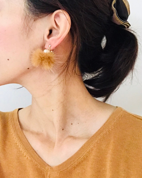 揺れて人気❁⃘*.ﾟミンクファー×コットンパールピアス／イヤリング 5枚目の画像