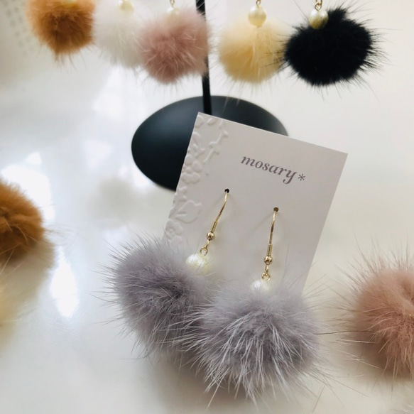 揺れて人気❁⃘*.ﾟミンクファー×コットンパールピアス／イヤリング 6枚目の画像