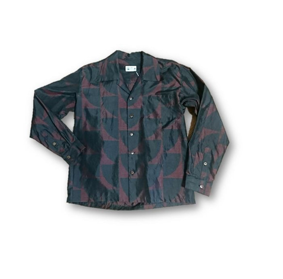 1　大島紬リメイク メンズ長袖シャツ（赤×黒・M) 1枚目の画像