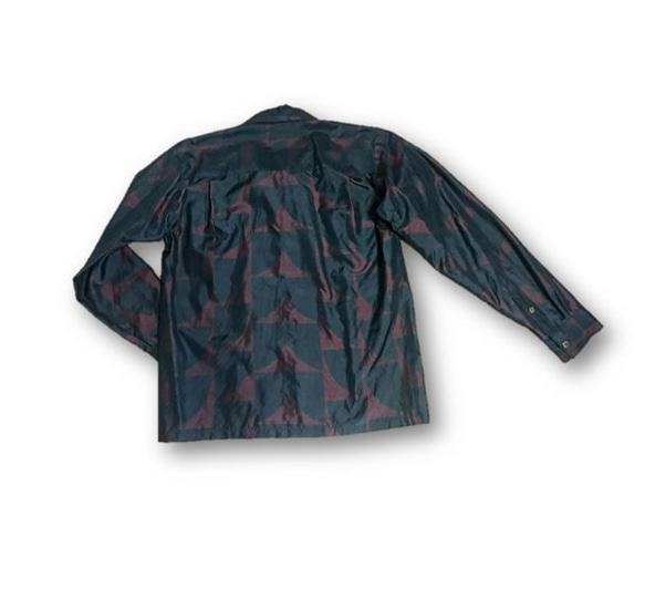 1　大島紬リメイク メンズ長袖シャツ（赤×黒・M) 2枚目の画像