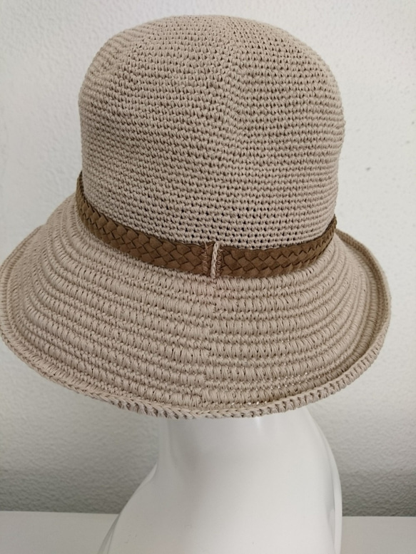 Yuu　コットンツバ広ハット手編み帽子　畳める帽子サイズ調整機能付き（ベージュ） 3枚目の画像