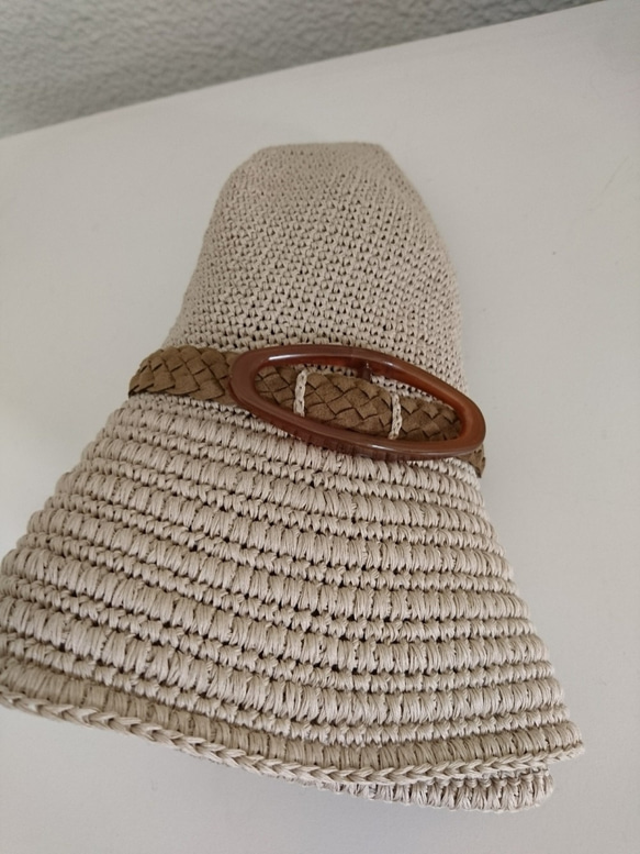 Yuu　コットンツバ広ハット手編み帽子　畳める帽子サイズ調整機能付き（ベージュ） 5枚目の画像