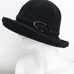 Yuu　コットンツバ広ハット手編み帽子　畳める帽子サイズ調整機能付き（黒） 2枚目の画像