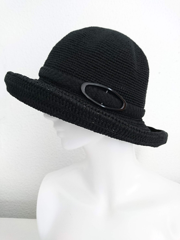 Yuu　コットンツバ広ハット手編み帽子　畳める帽子サイズ調整機能付き（黒） 2枚目の画像