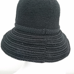 Yuu　コットンツバ広ハット手編み帽子　畳める帽子サイズ調整機能付き（黒） 3枚目の画像