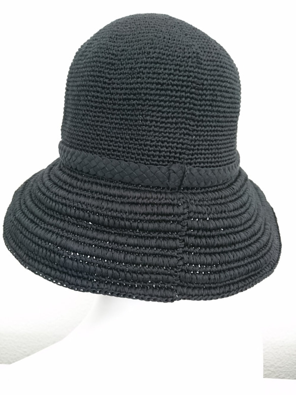Yuu　コットンツバ広ハット手編み帽子　畳める帽子サイズ調整機能付き（黒） 3枚目の画像