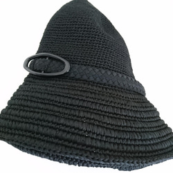 Yuu　コットンツバ広ハット手編み帽子　畳める帽子サイズ調整機能付き（黒） 4枚目の画像