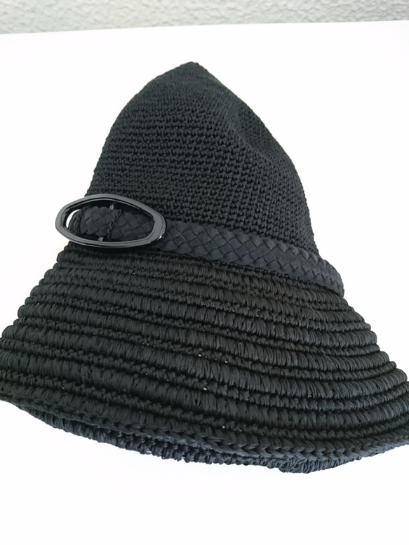 Yuu　コットンツバ広ハット手編み帽子　畳める帽子サイズ調整機能付き（黒） 4枚目の画像