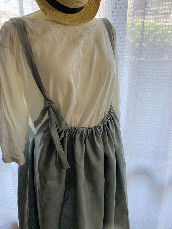 リネンの季節　2wayストラップスカート　うぐいす 3枚目の画像