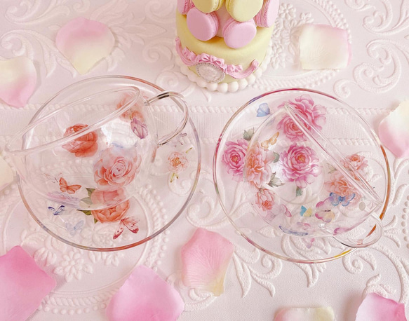 花柄ガラスティーカップ＆ソーサー1客 芍薬柄orローズ柄 ティー