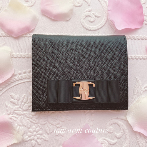 ♡美品♡リボン付きサフィアーノレザー財布♡ 限定1点のみ再販売 リボン付二つ折りウォレット 高級本革サフィアーノ