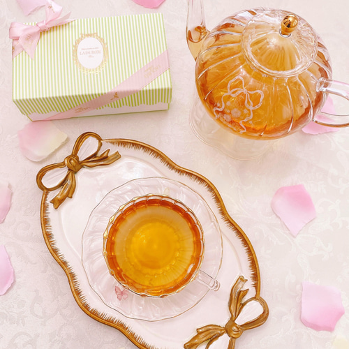 リボン柄ガラスティーセット ティーポット1＆ティーカップ＆ソーサー2
