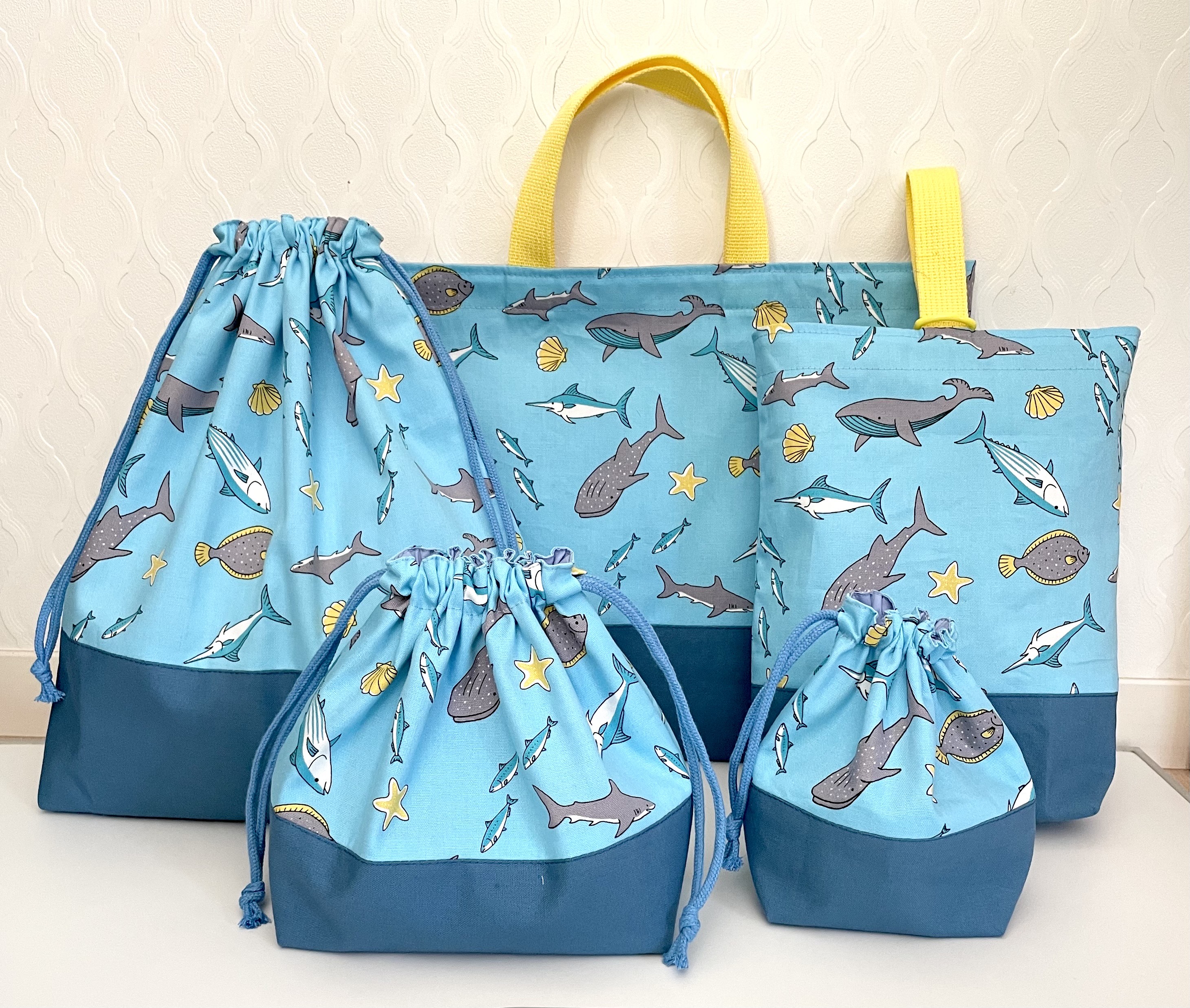 【入学・入園準備セット8点海の魚柄、レッスンバック☆上履き袋☆体操着袋、給食袋