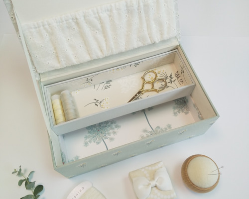 Handmadeカルトナージュレース装飾収納ボックス カルトナージュのたっぷり収納のお裁縫箱(レースフラワー) フリー