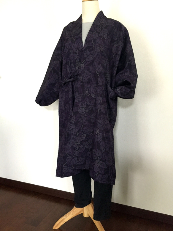 結城紬でロング作務衣 着物リメイク(5)【送料無料】 4枚目の画像