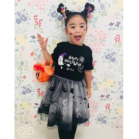 名入れTシャツ おばけのOBAちゃん ハロウィン／おばけのさんぽ ブラック★長袖にご変更OK★ 4枚目の画像