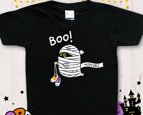 名入れTシャツ ハロウィン／おばけのOBAちゃんミイラ☆長袖にご変更OK