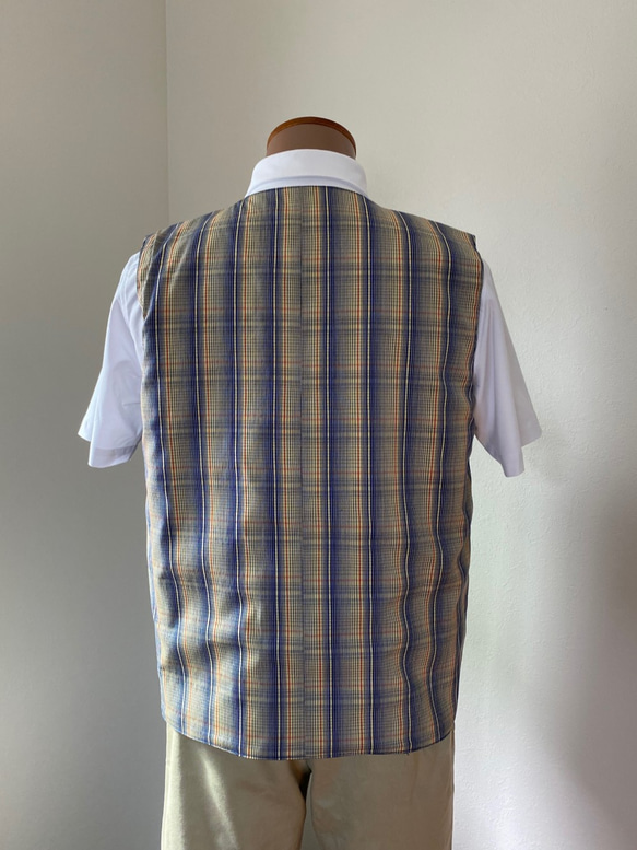 メンズ ベスト　リバーシブル　着物地（格子柄）ウール＋服地（紺色）レーヨン　kimono vest reversible 3枚目の画像