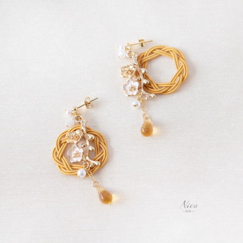 水引ピアス/イヤリング 梅姫～雅～ やまぶき色 ピアス（スタッド・一粒