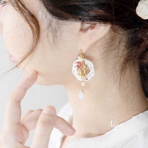 水引ピアス/イヤリング 梅姫～雅～ 赤白 ピアス（スタッド・一粒
