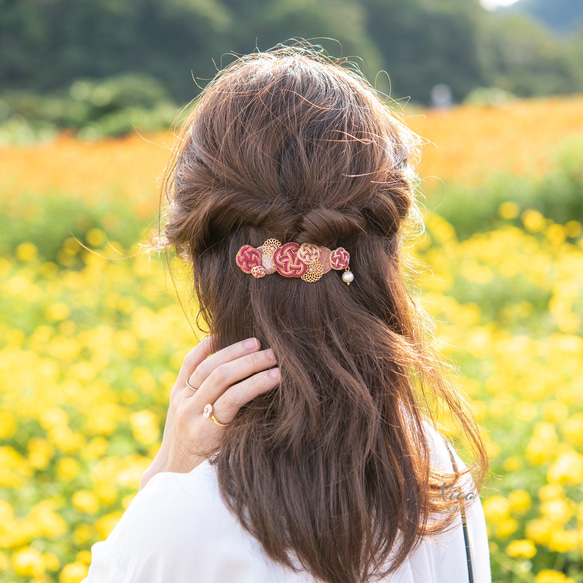 水引バレッタ　お花いっぱい　えんじ色 6枚目の画像