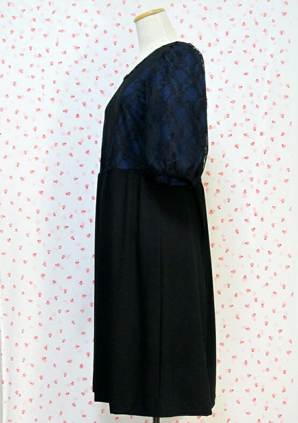 大人の六分袖/レースドレス(ネイビー×ブラック) 3枚目の画像