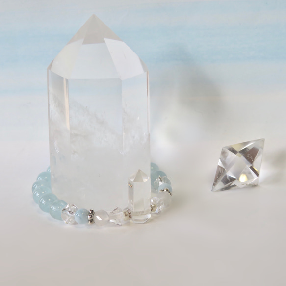 ポイント水晶とアクアマリンの涼感ブレスレット／silver925 5枚目の画像