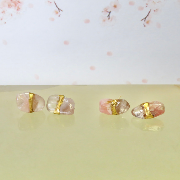 桜の記憶＊Pink opal×Rose quartz＊金継ぎ-pierce／L〜M size【Ⅱ】 16枚目の画像