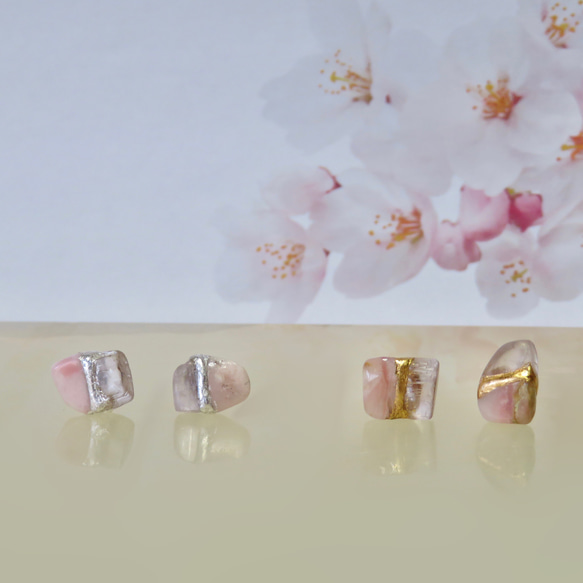 sold out！！宝石桜＊Pink Opal × Kunzite＊金継ぎ-pierce／M〜Ｓsize 10枚目の画像