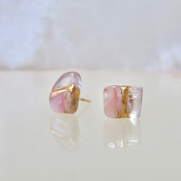 sold out！！宝石桜＊Pink Opal × Kunzite＊金継ぎ-pierce／M〜Ｓsize 4枚目の画像