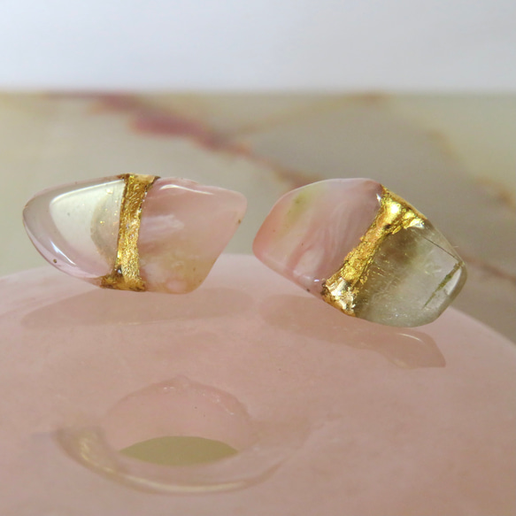 桜のひかり＊Pink Opal × Prehnite・Rose Quartz＊金継ぎ／pierce／L～M size 2枚目の画像