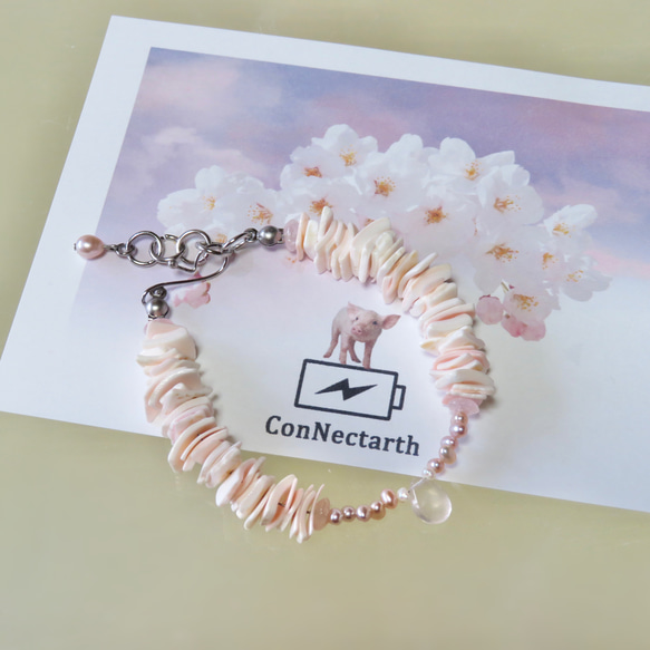 花びらの絨毯【I】◇Rose Quartz × Pink shell／316L-bracelet 9枚目の画像