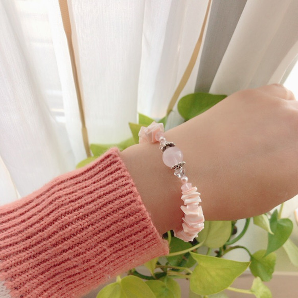 花びらの絨毯【Ⅱ】◇Rose Quartz × Pink shell／316L-bracelet 10枚目の画像