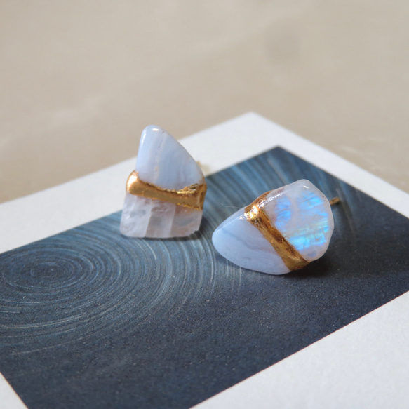 月と惑星＊Moonstone×Bule race Agate＊金継ぎ／pierce／M~Ｌ  size 6枚目の画像