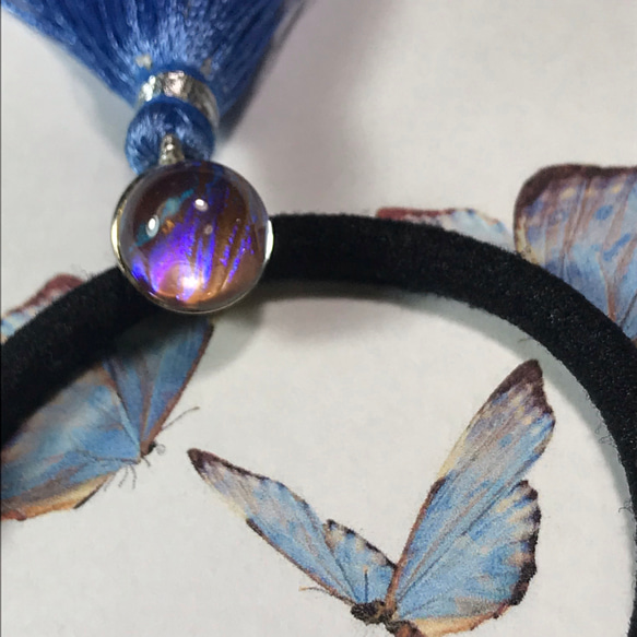 モルフォ蝶の羽根標本◇ オリエンタルブルー・タッセルヘアゴム 8枚目の画像