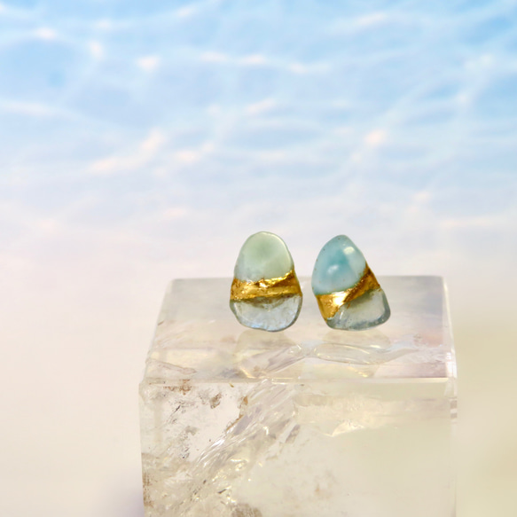 とろける氷と水面＊Larimar×Aquamarine＊金継ぎ／pierce／M~S size 6枚目の画像