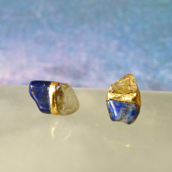 SOLD OUT！！流星群＊Lapis lazuli×Rutile quartz＊金継ぎ／pierce／S size 4枚目の画像