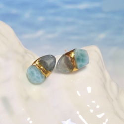 とろける氷と水面＊Larimar×Aquamarine＊金継ぎピアス／Ｓ size 4枚目の画像