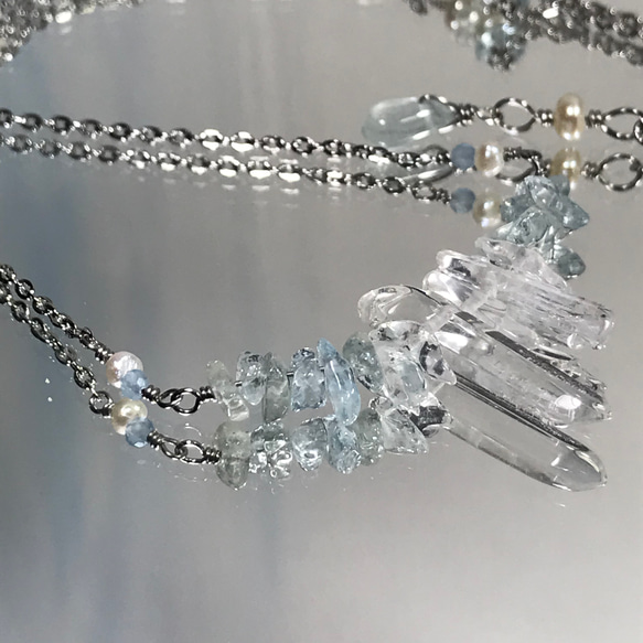 sold out！海に溶ける◇Point Quartz×Aquamarine×Pearl／necklace／316L 3枚目の画像