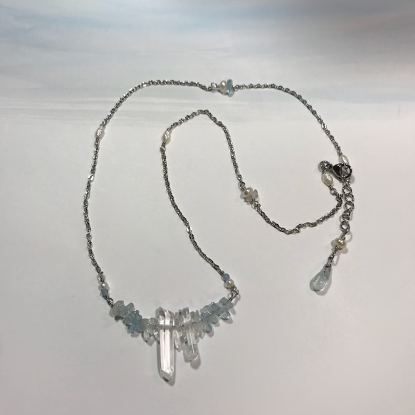 sold out！海に溶ける◇Point Quartz×Aquamarine×Pearl／necklace／316L 4枚目の画像