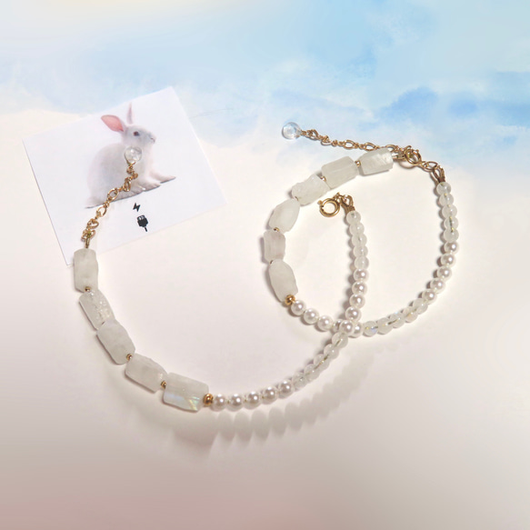 原石＊Rainbow moonstone×6／asymmetry pearl MIX ／14kgf bracelet 10枚目の画像